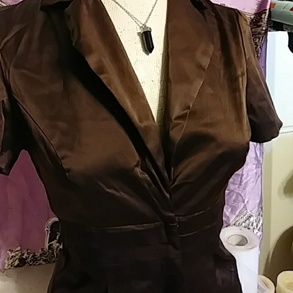 Womens Satin Brown Top Sz L Shirt button Short sleeve Blouse b2 Career SPICE